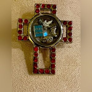 Cross Locket Brooch.Red Stones & Charms (Bible,Faith,Footprint,Holly Spirit).